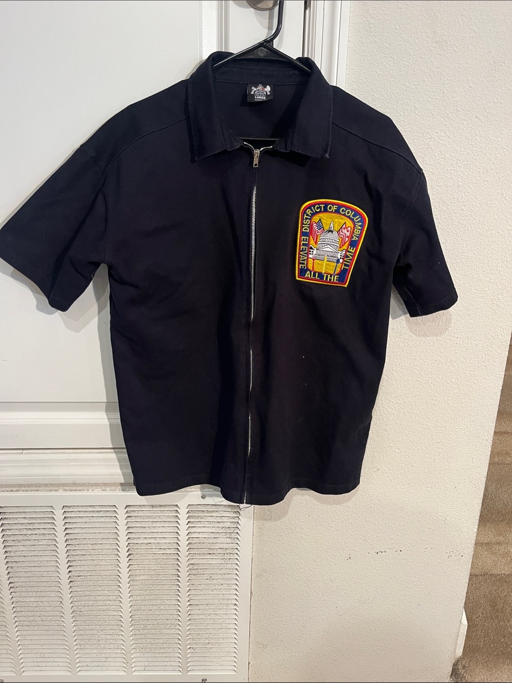 Men's Black Short-Sleeve Zip Shirt with Embroidered Patch